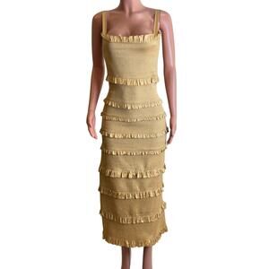V. Chapman Lily Midi Dress Womens 8 Ruched & Ruffled Stretch Neutral Warm Sand